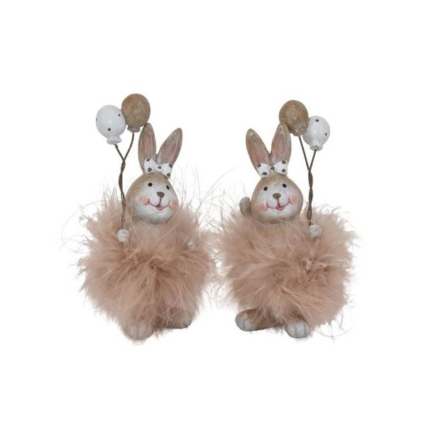 S�t med to forskellige p�skeharer med balloner og pudderfarvet pelskrave p� hvid baggrund.