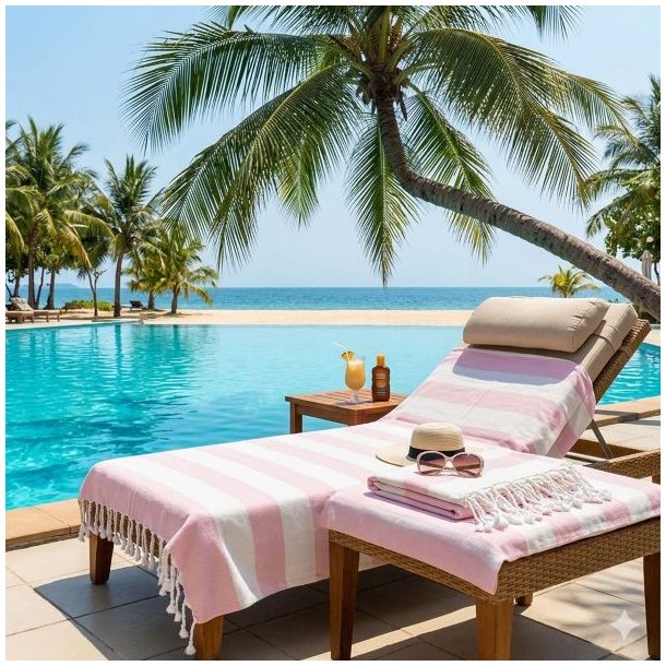 Et kvadratisk milj�billede af et dr�mmende ferieparadis med en luksuri�s solvogn ved en infinity-pool og en sandstrand. Et pink- og hvidstribet hamam-badeh�ndkl�de fra La Vida er lagt flot p� solvognen. En hat og en forfriskende drink st�r ved siden af. I baggrunden ses palmetr�er og det turkisbl� hav under en skyfri himmel.