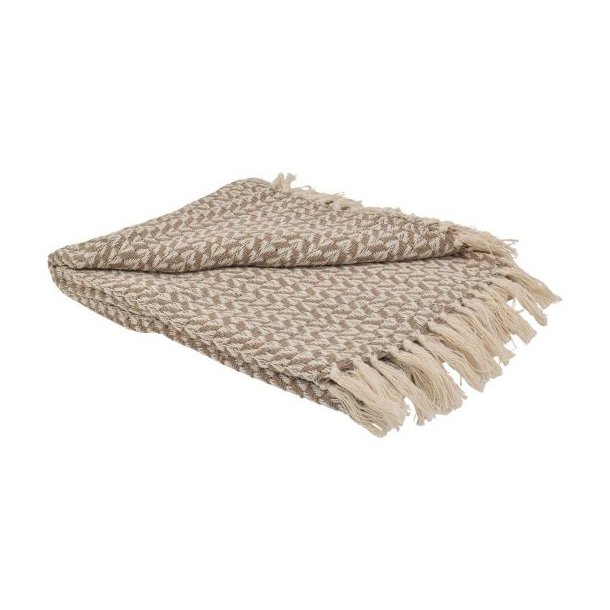 N�rbillede af den beige plaid i 100 % bomuld med det grafiske trekantm�nster og frynser.