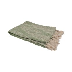 N�rbillede af den gr�nne bomuldsplaid med et fint v�vet bladm�nster og lyse frynser.