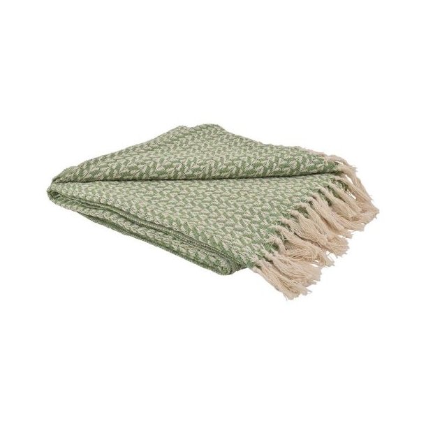 N�rbillede af den gr�nne bomuldsplaid med et grafisk trekantm�nster og dekorative frynser.