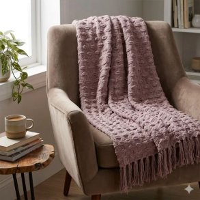 Detaljebillede af den rosa plaid som en del af et hyggeligt hj�rne med lys og planter.