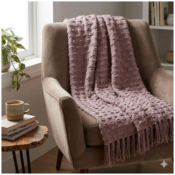 Detaljebillede af den rosa plaid som en del af et hyggeligt hj�rne med lys og planter.