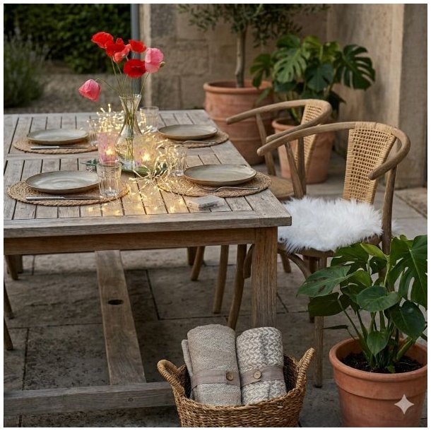 plaider-bomuld-fletkurv-terrasse-miljoe Et stemningsfuldt udend�rs milj�billede, hvor to m�nstrede bomuldsplaider i d�mpede beige og gr� nuancer ligger sirligt rullet sammen med et brunt b�nd og en tr�knap nede i en rund fletkurv med hank. Kurven st�r p� fliserne ved siden af et rustikt tr�bord og en krukke med en gr�n Monstera-plante.