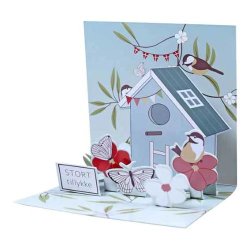 �bent 3D pop-up kort med lysebl�t fuglehus, sm� fugle, blomster og dannebrogsflag.