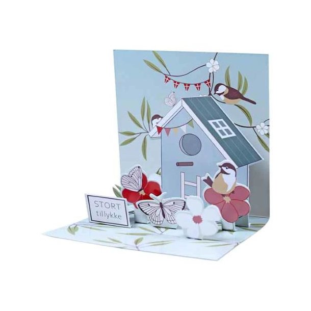 �bent 3D pop-up kort med lysebl�t fuglehus, sm� fugle, blomster og dannebrogsflag.