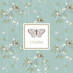 Forsiden af st�vet bl�t kort med sommerfugl, grene med fugle og teksten tillykke.