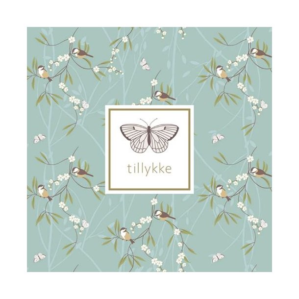 Forsiden af st�vet bl�t kort med sommerfugl, grene med fugle og teksten tillykke.