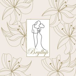 Forsiden af creme-farvet bryllupskort med stregtegning af par og guldskrift dekoreret med liljer.