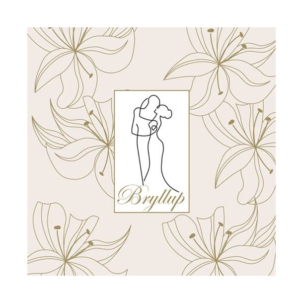 Forsiden af creme-farvet bryllupskort med stregtegning af par og guldskrift dekoreret med liljer.