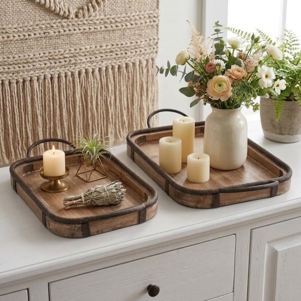 Firkantet milj�billede af to rektangul�re dekorationsbakker i m�rkt tr� med jernkant og h�ndtag p� en hvid sk�nk. Den store bakke er pyntet med en hvid vase med friske blomster samt tre hvide bloklys, mens den lille bakke har et lyst stearinlys og sm� pyntegenstande.