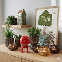 retro-fyrfadsstager-brune-glas-miljoe Et stemningsfuldt milj�billede i en lys vindueskarm med kig til haven, hvor to m�nstrede retro fyrfadsstager i chokoladebrun og lysebrun st�r med t�ndte lys. Ved siden af stagerne st�r en gr�n stueplante i en hvid rillet urtepotte, et m�rkebl�t keramikhus med brunt tag samt en lille r�d Hoptimist.