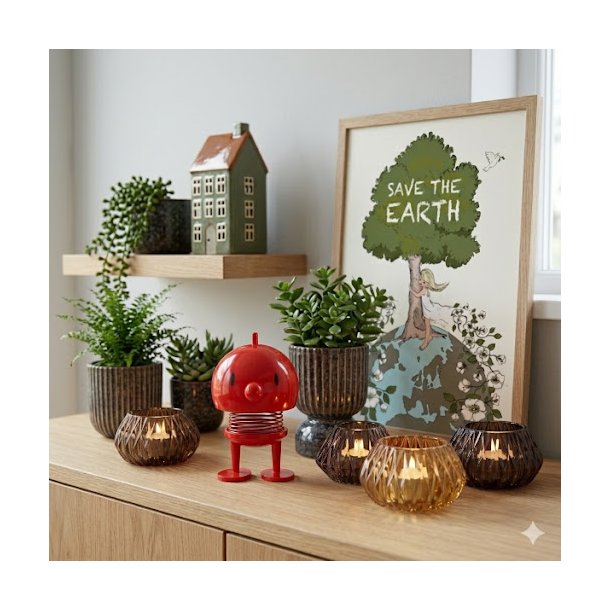 retro-fyrfadsstager-brune-glas-miljoe Et stemningsfuldt milj�billede i en lys vindueskarm med kig til haven, hvor to m�nstrede retro fyrfadsstager i chokoladebrun og lysebrun st�r med t�ndte lys. Ved siden af stagerne st�r en gr�n stueplante i en hvid rillet urtepotte, et m�rkebl�t keramikhus med brunt tag samt en lille r�d Hoptimist.