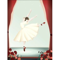 retro-plakat-ballerina-30x40 En grafisk plakat i d�mpede pastelfarver, der viser en elegant ballerina set bagfra, som sidder p� gulvet i en yndefuld hvilestilling med b�jede ben og armene strakt bagud. Hun er ikl�dt en lyser�d dragt og et hvidt tylsk�rt, og baggrunden er opdelt i minimalistiske, geometriske flader i sarte nuancer af rosa, sandfarvet, mintgr�n og lysebl� under en d�mpet sol. St�rrelse: 30 x 40 cm.