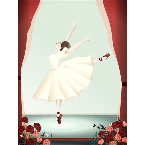 retro-plakat-ballerina-30x40 En grafisk plakat i d�mpede pastelfarver, der viser en elegant ballerina set bagfra, som sidder p� gulvet i en yndefuld hvilestilling med b�jede ben og armene strakt bagud. Hun er ikl�dt en lyser�d dragt og et hvidt tylsk�rt, og baggrunden er opdelt i minimalistiske, geometriske flader i sarte nuancer af rosa, sandfarvet, mintgr�n og lysebl� under en d�mpet sol. St�rrelse: 30 x 40 cm.