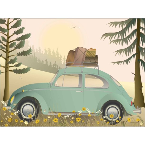 retro-plakat-vw-beetle-green-30x40 En grafisk plakat i d�mpede pastelfarver, der viser en klassisk st�vet lysegr�n Volkswagen Boble set skr�t bagfra. Bilen holder parkeret i vejkanten p� en �de asfaltvej, der str�kker sig mod horisonten gennem et bakket, minimalistisk landskab under en lys beige himmel med en stor, d�mpet sol.