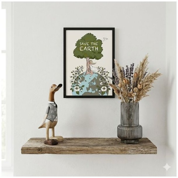 retro graa vase p� hylde med tr�and og plakat
