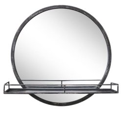Rundt v�gspejl med jernramme i antik kul og en integreret metalhylde foran glasset.
