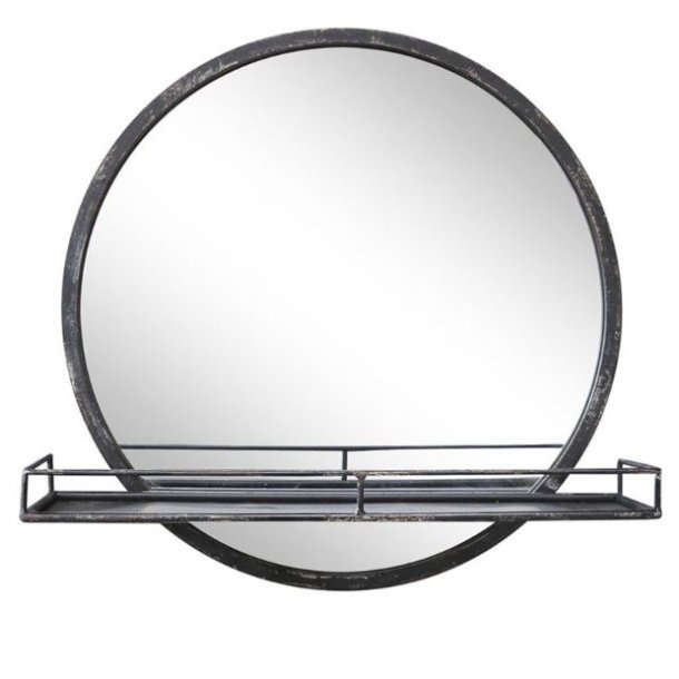 Rundt v�gspejl med jernramme i antik kul og en integreret metalhylde foran glasset.