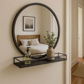 Et stort, rundt v�gspejl med en sort metalramme og en integreret, �ben metalhylde nedenunder er monteret p� en lys v�g i et sovev�relse. P� hylden st�r en klar glasflaske med pumpe og en keramikvase med eukalyptusgrene. I spejlets spejling ses en seng med lyst senget�j, et sengeg�rde i tr� og et indrammet kunstv�rk.