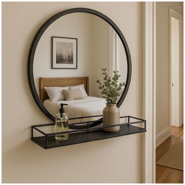 Et stort, rundt v�gspejl med en sort metalramme og en integreret, �ben metalhylde nedenunder er monteret p� en lys v�g i et sovev�relse. P� hylden st�r en klar glasflaske med pumpe og en keramikvase med eukalyptusgrene. I spejlets spejling ses en seng med lyst senget�j, et sengeg�rde i tr� og et indrammet kunstv�rk.