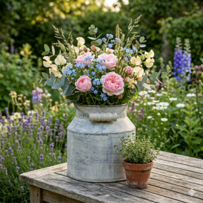 En patineret lyser�d zink m�lkespand med patina, fyldt med en frodig buket af lyser�de roser, bl� forglemmigej og eukalyptus, st�r p� et rustikt teaktr�sbord i en hyggelig og blomstrende have under et varmt aftenlys, omgivet af lavendel og en lerkrukke med timian.