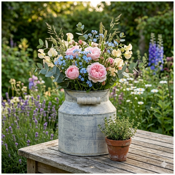 En patineret lyser�d zink m�lkespand med patina, fyldt med en frodig buket af lyser�de roser, bl� forglemmigej og eukalyptus, st�r p� et rustikt teaktr�sbord i en hyggelig og blomstrende have under et varmt aftenlys, omgivet af lavendel og en lerkrukke med timian.