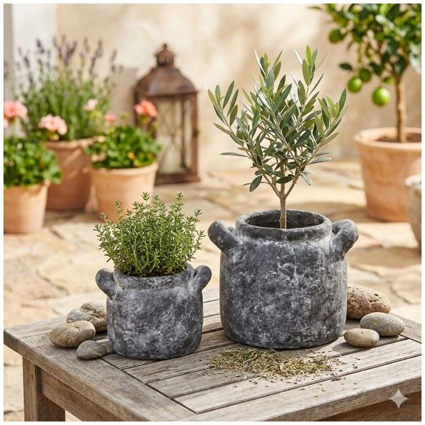 To rustikke, vejrbestandige terracotta krukker med hanke og et r�t, patineret sten-look) er smukt arrangeret p� et vejrslidt tr�bord i et solrigt terrasse milj�. Den mindre krukke er plantet med frisk timian, og den st�rre krukke rummer et lille oliventr�. I baggrunden ses en Mediterranean-style terrasse med krukker, planter og en lygte under naturligt dagslys. Billedet er kvadratisk (1:1).