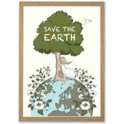 save-the-earth-plakat-a3-kunsttryk-frilagt En multifarvet Save the Earth plakat i A3-st�rrelse p� 29,7 x 42,0 cm med motiv af en pige der krammer et gr�nt tr� p� jordkloden, vist i en lys tr�ramme.