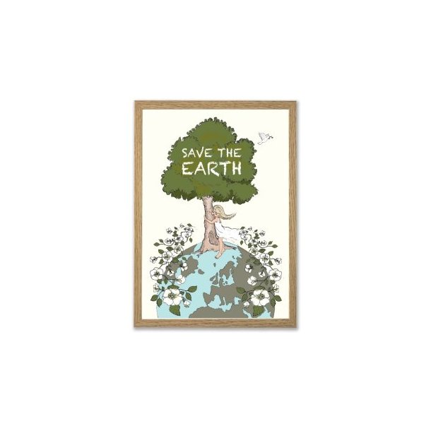 save-the-earth-plakat-a3-kunsttryk-frilagt En multifarvet Save the Earth plakat i A3-st�rrelse p� 29,7 x 42,0 cm med motiv af en pige der krammer et gr�nt tr� p� jordkloden, vist i en lys tr�ramme.