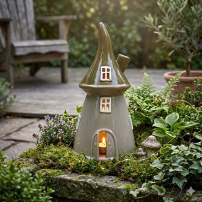 Eventyrligt keramikhus med gr�nt tag placeret i haven med t�ndt lys. Skovhuset er omgivet af planter og mos p� en terrasse, hvilket skaber en hyggelig stemning som fyrfadsstage.