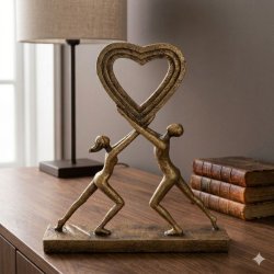 Et kvadratisk milj�billede i 1:1 format af en dekorativ guldskulptur, der forestiller et par, som sammen holder et stort hjerte. Skulpturen har en rustik, m�nstret overflade og st�r p� en flot tr�sk�nk ved siden af dekorative b�ger og en bordlampe. Billedet fremh�ver skulpturens varme guldfarve og detaljer i en stilfuld og enkel indretning.