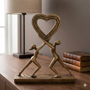 Et kvadratisk milj�billede i 1:1 format af en dekorativ guldskulptur, der forestiller et par, som sammen holder et stort hjerte. Skulpturen har en rustik, m�nstret overflade og st�r p� en flot tr�sk�nk ved siden af dekorative b�ger og en bordlampe. Billedet fremh�ver skulpturens varme guldfarve og detaljer i en stilfuld og enkel indretning.