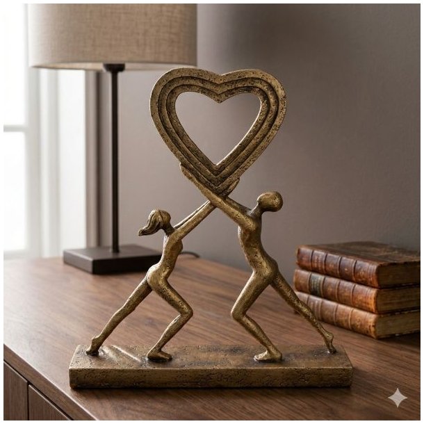 Et kvadratisk milj�billede i 1:1 format af en dekorativ guldskulptur, der forestiller et par, som sammen holder et stort hjerte. Skulpturen har en rustik, m�nstret overflade og st�r p� en flot tr�sk�nk ved siden af dekorative b�ger og en bordlampe. Billedet fremh�ver skulpturens varme guldfarve og detaljer i en stilfuld og enkel indretning.