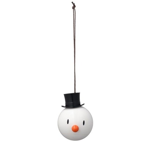 Et hvidt Hoptimist Snowman snemand ornament til oph�ng med en lille sort h�j hat, en orange gulerodsn�se og en diameter p� 6 cm, fritlagt p� en ren hvid baggrund.