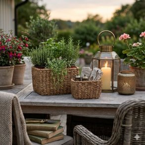 Et stemningsfuldt milj�billede i 1:1 format fra en skumringstime p� en terrasse, der viser de to s�gr�s-skjulerkurve fra image_92.png og image_93.png i brug. Den store kurv er fyldt med forskellige krydderurter og en h�ngende plante, mens den mindre kurv holder rullede h�rlinnedsservietter og en lille krydderikv�rn. Ved siden af kurvene p� et weathered tr�bord st�r to t�ndte lanterner &ndash; en stor glaslanterne med et bloklys og en mindre perforeret metallanterne. I forgrunden ser man en fletstol med et t�ppe og en stabel gamle haveb�ger. Baggrunden viser en sl�ret have med pelargonier og en bl�d, varm aftenhimmel, der skaber en f�lelse af hygge og velv�re. Forholdet mellem kurvenes H14 cm og H11 cm og de andre genstande er korrekt.