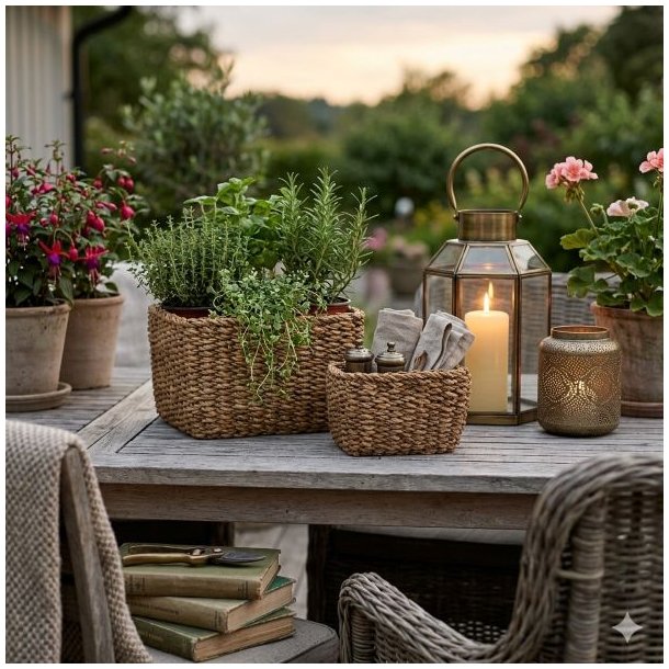 Et stemningsfuldt milj�billede i 1:1 format fra en skumringstime p� en terrasse, der viser de to s�gr�s-skjulerkurve fra image_92.png og image_93.png i brug. Den store kurv er fyldt med forskellige krydderurter og en h�ngende plante, mens den mindre kurv holder rullede h�rlinnedsservietter og en lille krydderikv�rn. Ved siden af kurvene p� et weathered tr�bord st�r to t�ndte lanterner &ndash; en stor glaslanterne med et bloklys og en mindre perforeret metallanterne. I forgrunden ser man en fletstol med et t�ppe og en stabel gamle haveb�ger. Baggrunden viser en sl�ret have med pelargonier og en bl�d, varm aftenhimmel, der skaber en f�lelse af hygge og velv�re. Forholdet mellem kurvenes H14 cm og H11 cm og de andre genstande er korrekt.