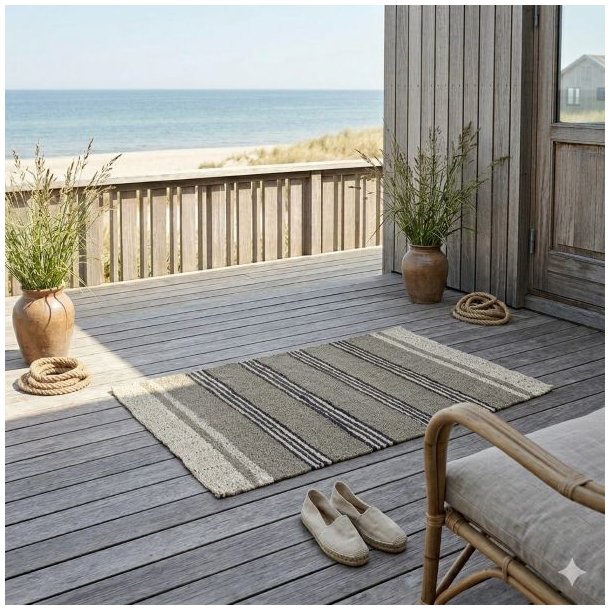 Rustikt s�gr�st�ppe med striber i m�lene 120x180 cm placeret p� en tr�terrasse. I baggrunden ses en smuk havudsigt med strand og klitter. T�ppet er stylet med et par hvide espadriller, rustikke krukker med marehalm, reb og en kurvestol, hvilket skaber en hyggelig og nordisk sommerhusstemning.
