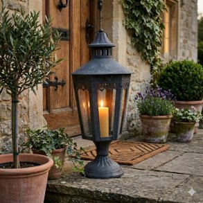 En klassisk sort metal-lanterne p� fod med et t�ndt bloklys, placeret ved en hyggelig husindgang med fliser, krukkeplanter og en rustik tr�d�r.
