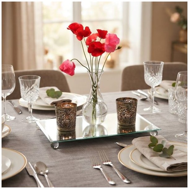 Elegant spejlfad brugt som midtpunkt p� et d�kket spisebord, prydet med en slank vase og lysestager.