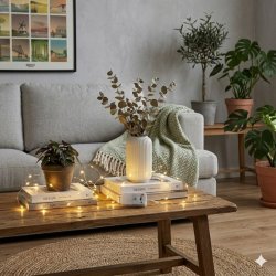 Et hyggeligt stemningsbillede fra en moderne stue med fokus p� et sofabord af genbrugstr�. P� bordet er der placeret designb�ger, en krukke med en plante og en hvid rillet vase med grene. En t�ndt LED-kobbertr�dslysk�de med en lille hvid batteriboks er snoet kunstf�rdigt mellem alle tingene og skaber en varm, hyggelig belysning. I baggrunden ses en gr� sofa med et m�nstret gr�nt t�ppe, en indrammet collage-plakat p� en struktureret v�g og flere store planter i krukker.