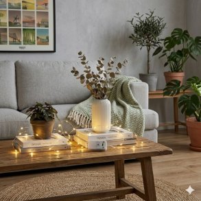 Et hyggeligt stemningsbillede fra en moderne stue med fokus p� et sofabord af genbrugstr�. P� bordet er der placeret designb�ger, en krukke med en plante og en hvid rillet vase med grene. En t�ndt LED-kobbertr�dslysk�de med en lille hvid batteriboks er snoet kunstf�rdigt mellem alle tingene og skaber en varm, hyggelig belysning. I baggrunden ses en gr� sofa med et m�nstret gr�nt t�ppe, en indrammet collage-plakat p� en struktureret v�g og flere store planter i krukker.