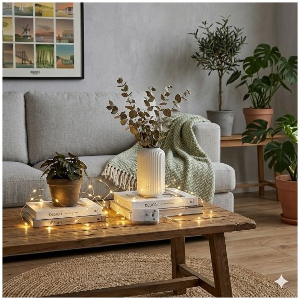 Et hyggeligt stemningsbillede fra en moderne stue med fokus p� et sofabord af genbrugstr�. P� bordet er der placeret designb�ger, en krukke med en plante og en hvid rillet vase med grene. En t�ndt LED-kobbertr�dslysk�de med en lille hvid batteriboks er snoet kunstf�rdigt mellem alle tingene og skaber en varm, hyggelig belysning. I baggrunden ses en gr� sofa med et m�nstret gr�nt t�ppe, en indrammet collage-plakat p� en struktureret v�g og flere store planter i krukker.