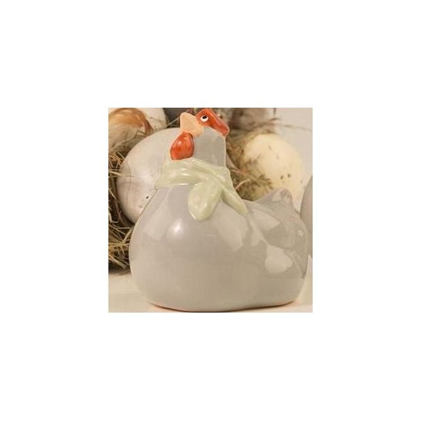 Stor gr� p�skeh�ne i keramik med lysegr�nt t�rkl�de p� 8 cm.