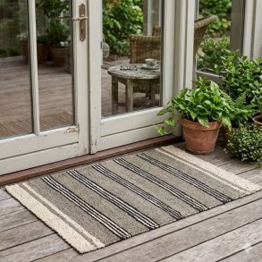 Et milj�billede af et stribet t�ppe i natur, beige og sort s�gr�s, placeret som en d�rm�tte eller l�ber p� en udend�rs tr�terrasse foran en dobbeltd�r, stylet med potteplanter.