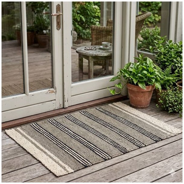 Et milj�billede af et stribet t�ppe i natur, beige og sort s�gr�s, placeret som en d�rm�tte eller l�ber p� en udend�rs tr�terrasse foran en dobbeltd�r, stylet med potteplanter.