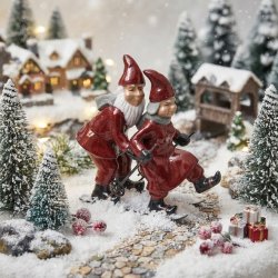 Harvesttime nissepar p� ski i r�de nuancer og svensk designet keramik i julelandskab