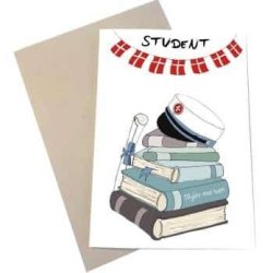 Lyk�nskningskort med stilfuld h�ndtegnet bl� studenterhue i A6-format fra Mouse & Pen Illustration.