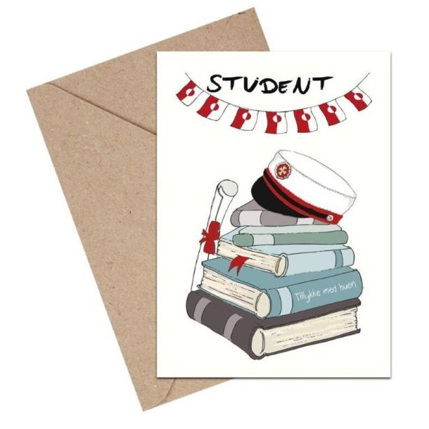 Lyk�nskningskort med stilfuld illustration af en r�d studenterhue i A6-format fra Mouse & Pen Illustration.