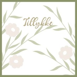 Forsiden af hvidt pop-up kort med teksten Tillykke i guldskrift dekoreret med elegante gr�nne grene og hvide blomster.